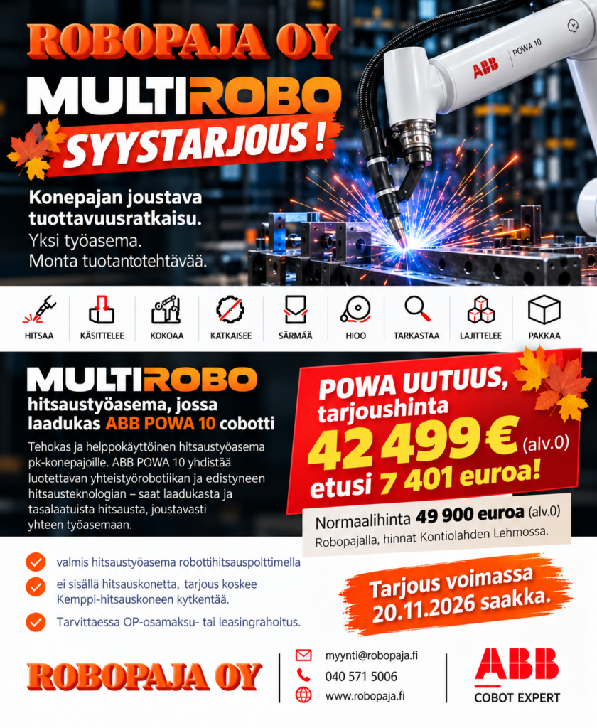 Multirobo hitsaustyöasema, jossa laadukas ABB Powa 10 cobotti.
ABB Powa 10 yhdistää luotettavan yhteistyörobotiikan ja edistyneen hitsausteknologian - saat laadukasta ja tasalaatuista hitsausta, joustavasti yhteen työasemaan.